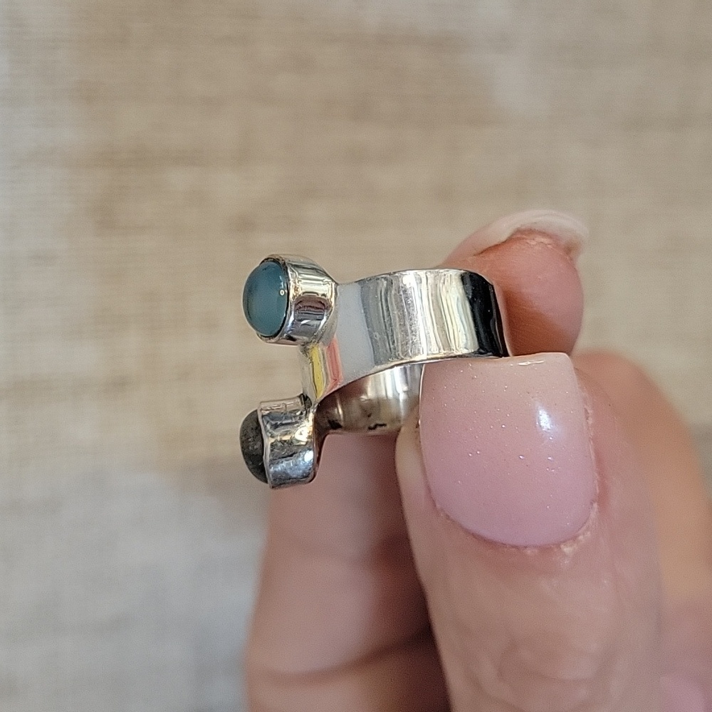BLUE FIRE LABRADORITE AND CHALCEDONY DOUBLE STONE WIDE BAND RING, SIZE 5 - Picture 4 of 7